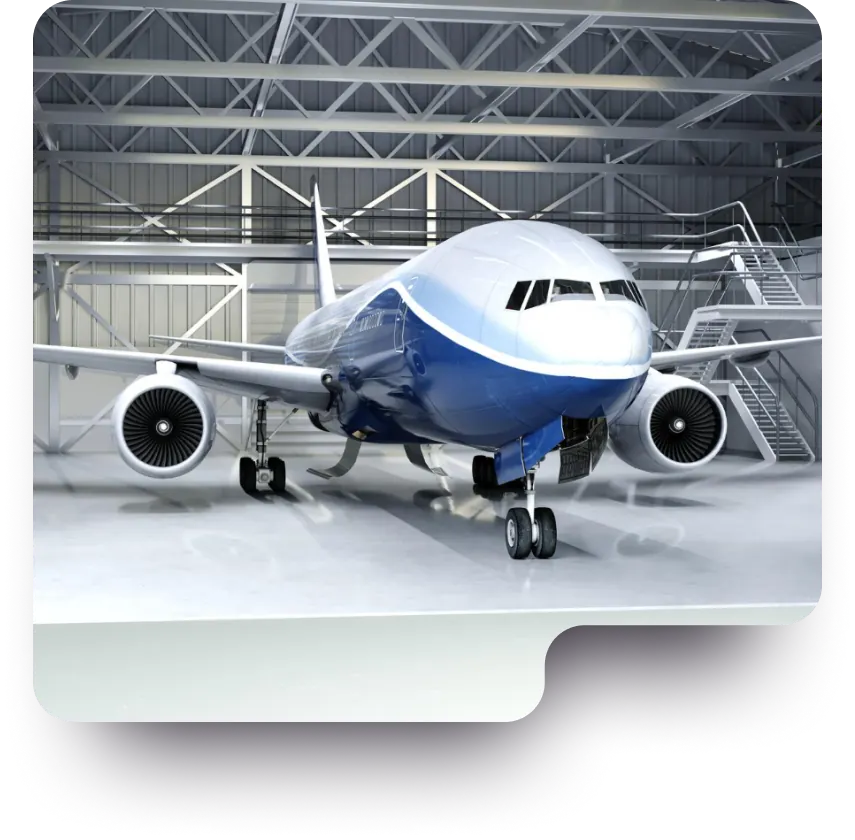 Passenger aircraft in a maintenance hangar